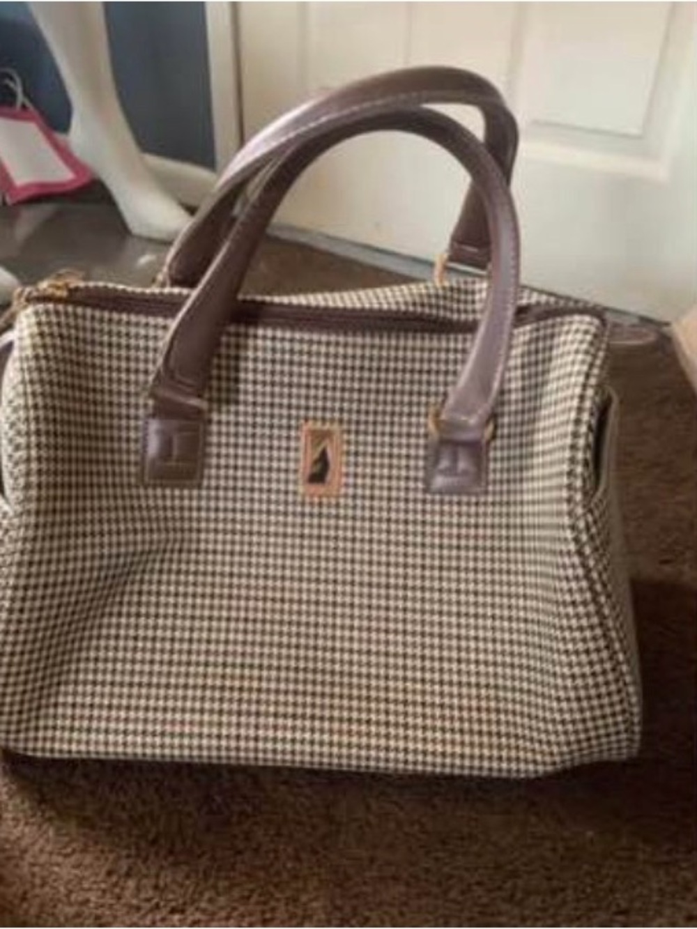 London Fog Houndstooth Tote with Brown Leather Handles